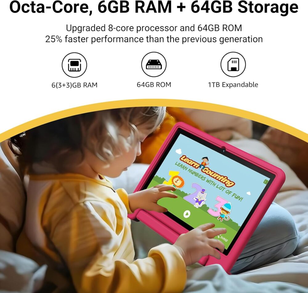 Kids Tablet 10 inch, Upgraded Android 14 Tablet for Kids Ages 3-12, Octa-Core Tablets with Case, 64GB Storage(TF Expand 1TB), Pre-Installed Google Kids Space, Parental Control (Candy Pink) - Image 3