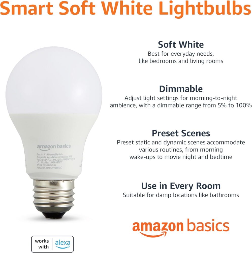 Amazon Basics Smart A19 LED Light Bulb, Dimmable Soft White (2700K), 9W (60W Equivalent), 800LM, Works with Alexa Only, 2.4 GHz Wi-Fi, No Hub Required, 4 Pack - Image 3