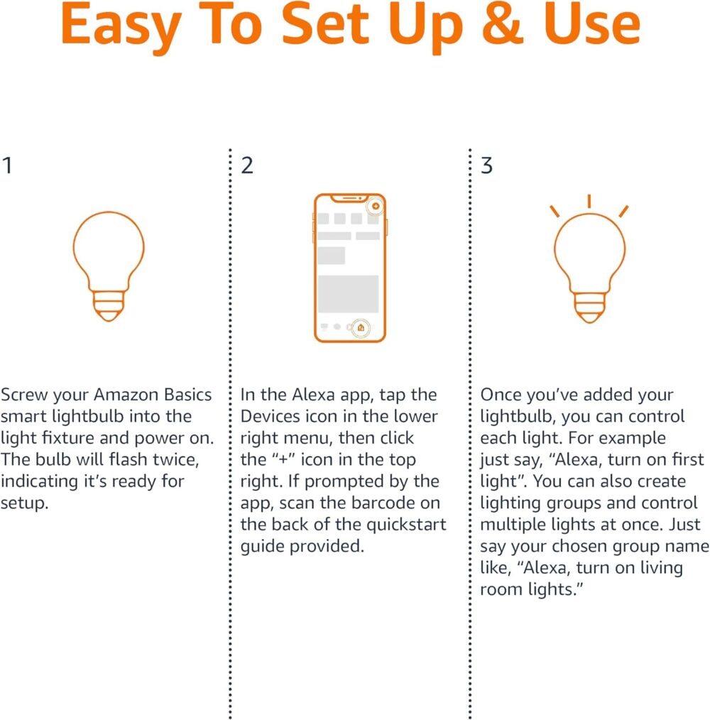 Amazon Basics Smart A19 LED Light Bulb, Dimmable Soft White (2700K), 9W (60W Equivalent), 800LM, Works with Alexa Only, 2.4 GHz Wi-Fi, No Hub Required, 4 Pack - Image 6