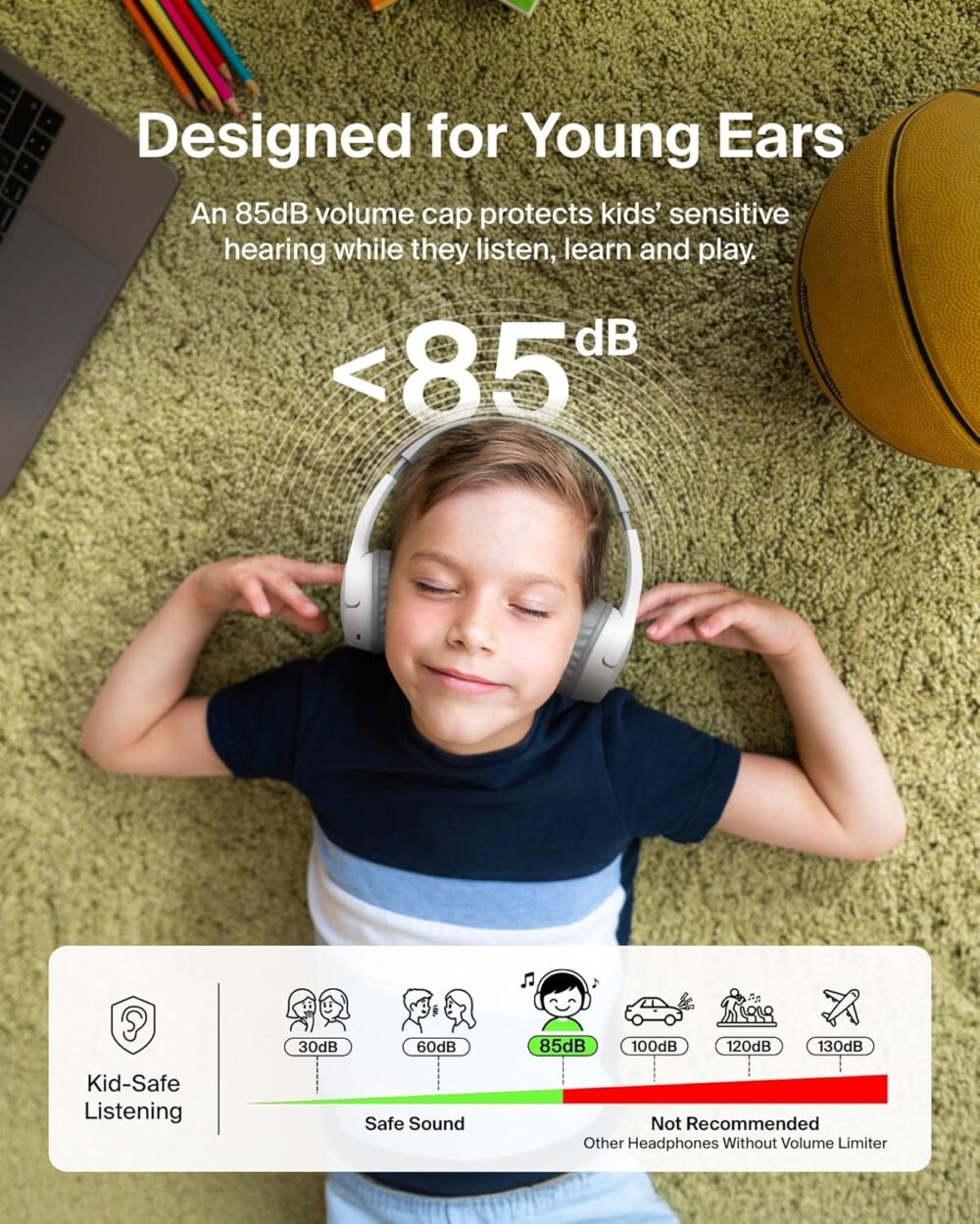 Belkin SoundForm Mini Kids Wireless Headphones w/Built-in Microphone, 30H of Playback Time, Fun Stickers, & Case - Over-Ear Headsets for Online Learning, School, iPhone, iPad, Galaxy, & More - White - Image 4