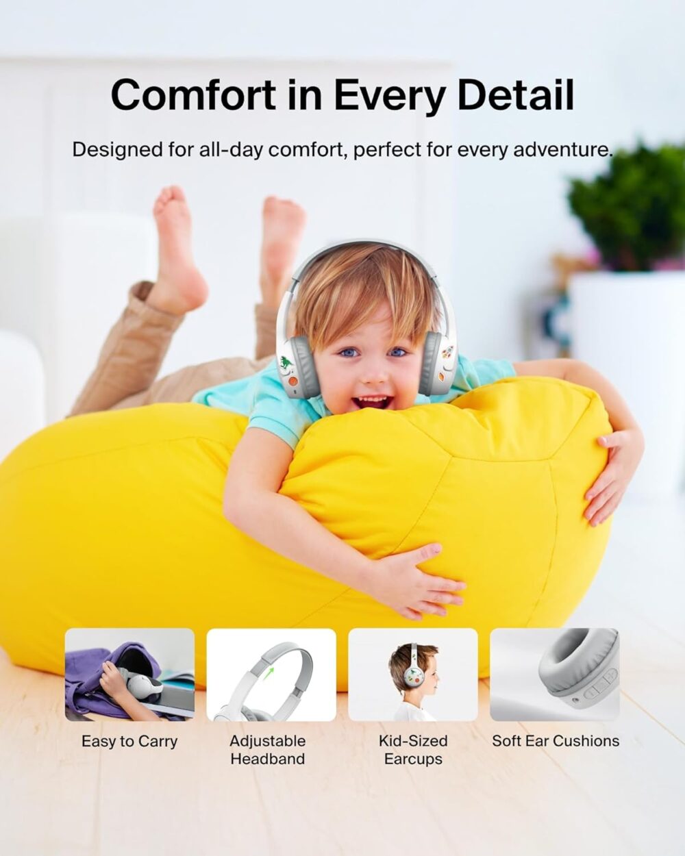 Belkin SoundForm Mini Kids Wireless Headphones w/Built-in Microphone, 30H of Playback Time, Fun Stickers, & Case - Over-Ear Headsets for Online Learning, School, iPhone, iPad, Galaxy, & More - White - Image 8