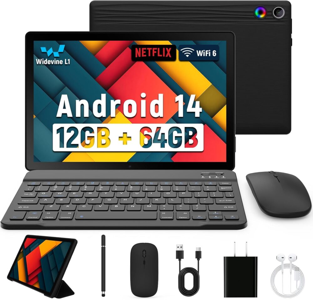 Latest 2025 Upgraded Android Tablet 10.1 Inch with IPS HD Touch Screen, Dual Camera, 64GB Storage 1TB Expansion, 8 in 1 Tablets Kit with Keyboard, Protective Case, Mouse, Stylus, BT 5.4, WiFi 6 - Image 3