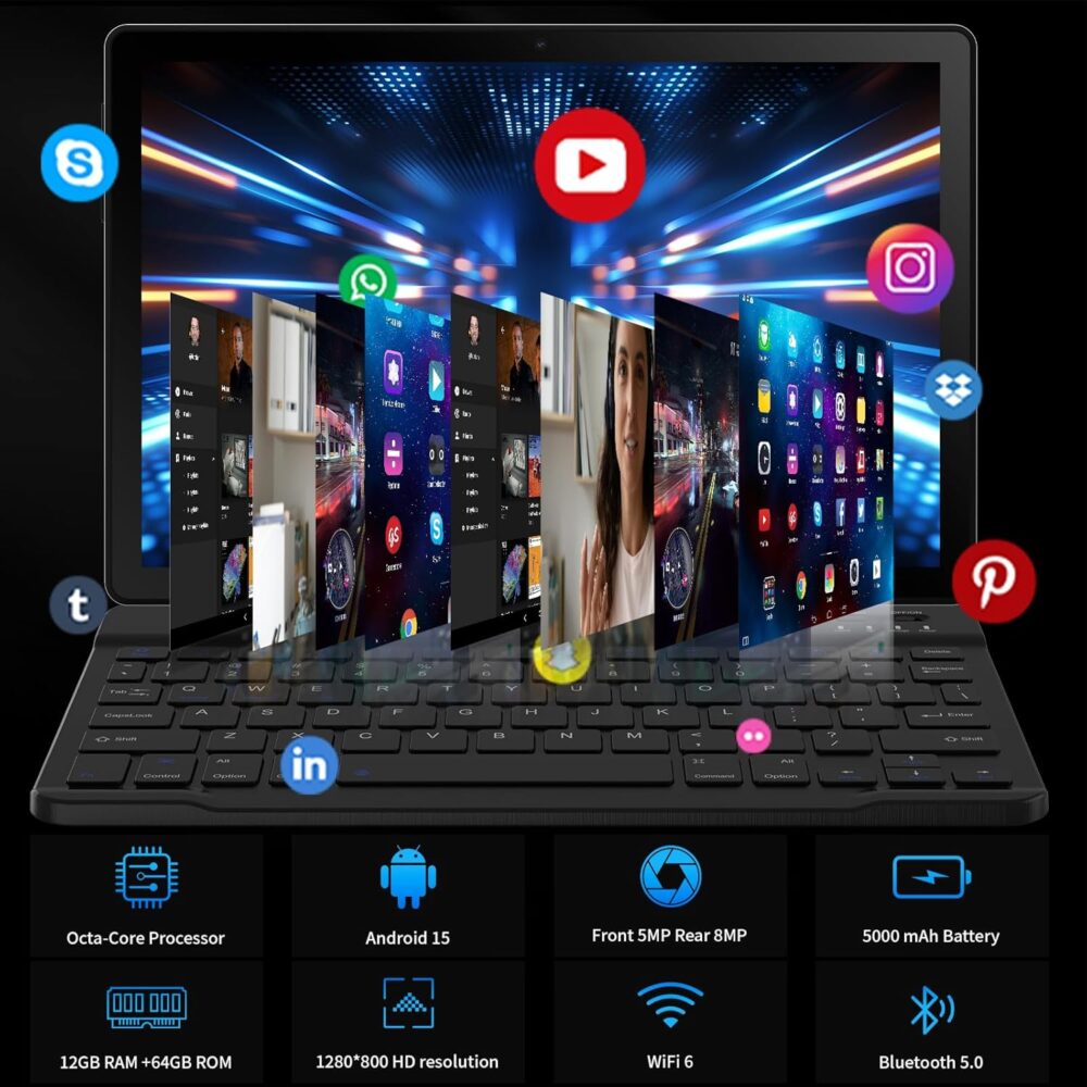 Latest 2025 Upgraded Android Tablet 10.1 Inch with IPS HD Touch Screen, Dual Camera, 64GB Storage 1TB Expansion, 8 in 1 Tablets Kit with Keyboard, Protective Case, Mouse, Stylus, BT 5.4, WiFi 6 - Image 5