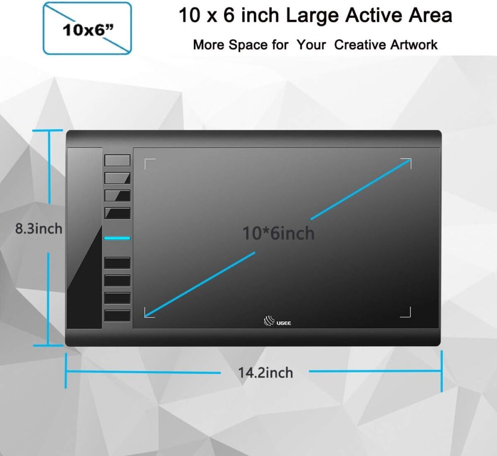 Graphics Drawing Tablet, UGEE M708 10 x 6 inch Large Drawing Tablet with 8 Hot Keys, Passive Stylus of 8192 Levels Pressure, UGEE M708 Graphics Tablet for Paint, Design, Art Creation Sketch Black - Image 3