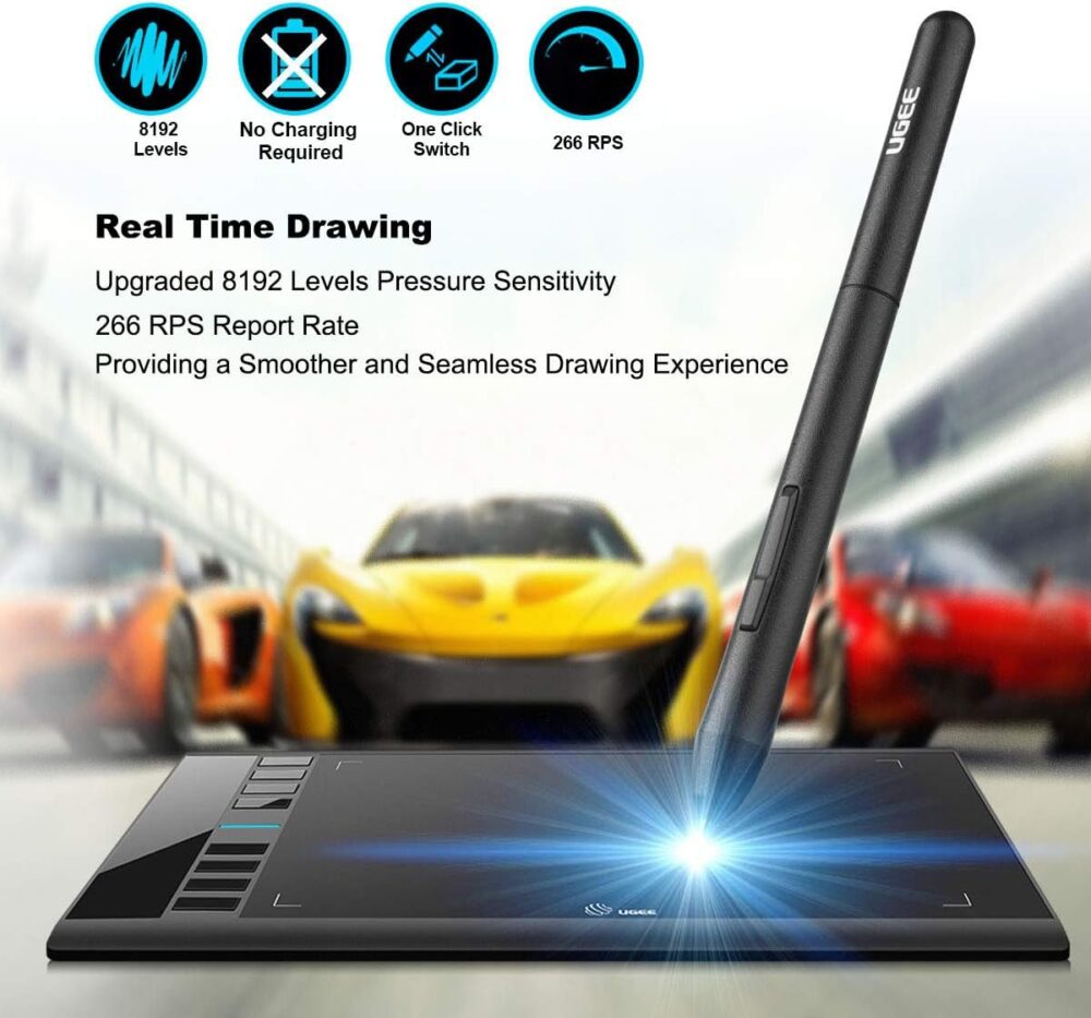 Graphics Drawing Tablet, UGEE M708 10 x 6 inch Large Drawing Tablet with 8 Hot Keys, Passive Stylus of 8192 Levels Pressure, UGEE M708 Graphics Tablet for Paint, Design, Art Creation Sketch Black - Image 4