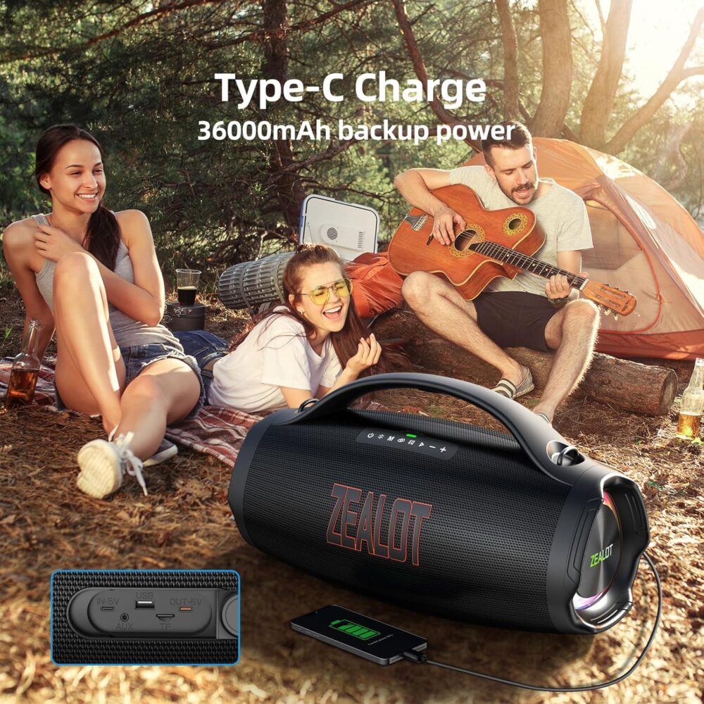 ZEALOT Portable Bluetooth Speaker 2025, 160W RMS Speaker Bluetooth Wireless, IPX6 Waterproof, Loud/ 36000mah/ EQ/USB/TF/AUX, Great Bass or Home, Outdoor, Party, Travel - Image 5