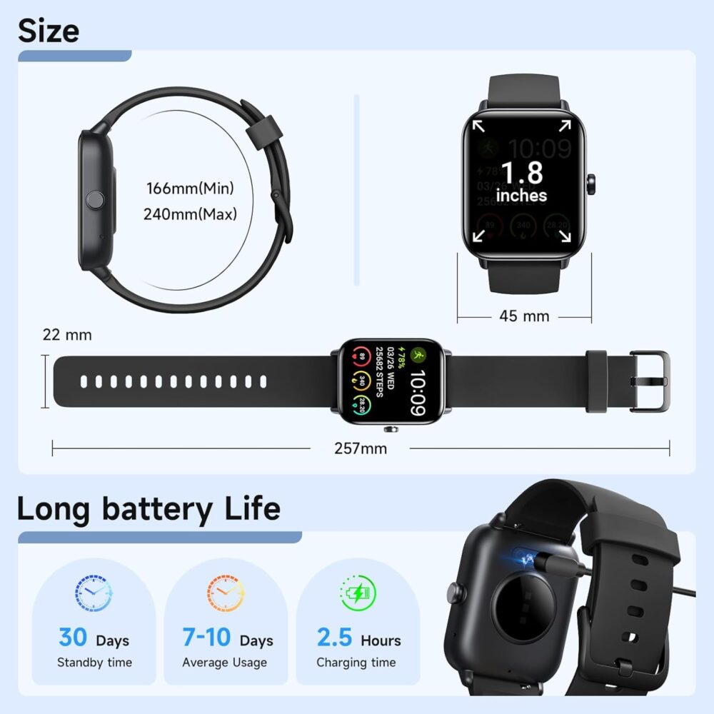 Smart Watches for Men Women Android & iPhone, Alexa Built-in, 1.85" Fitness Tracker with Answer/Make Calls, IP68 Waterproof Fitness Watch,Heart Rate, Sleep, SpO2 Monitor,Pedometer, Black - Image 9