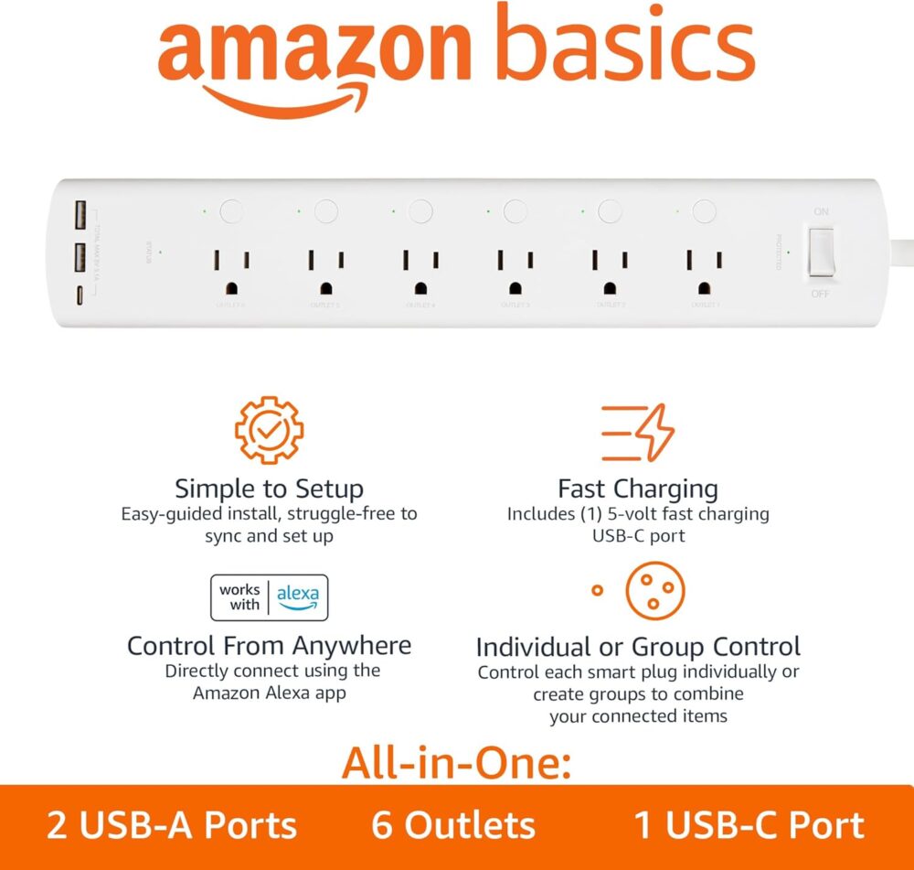 Amazon Basics Smart Plug Power Strip with 6 Individually Controlled Outlets and 3 USB Ports (2 USB-A and 1 USB-C), Works with Alexa Only, 2.4 GHz Wi-Fi, No Hub Required, White - Image 3