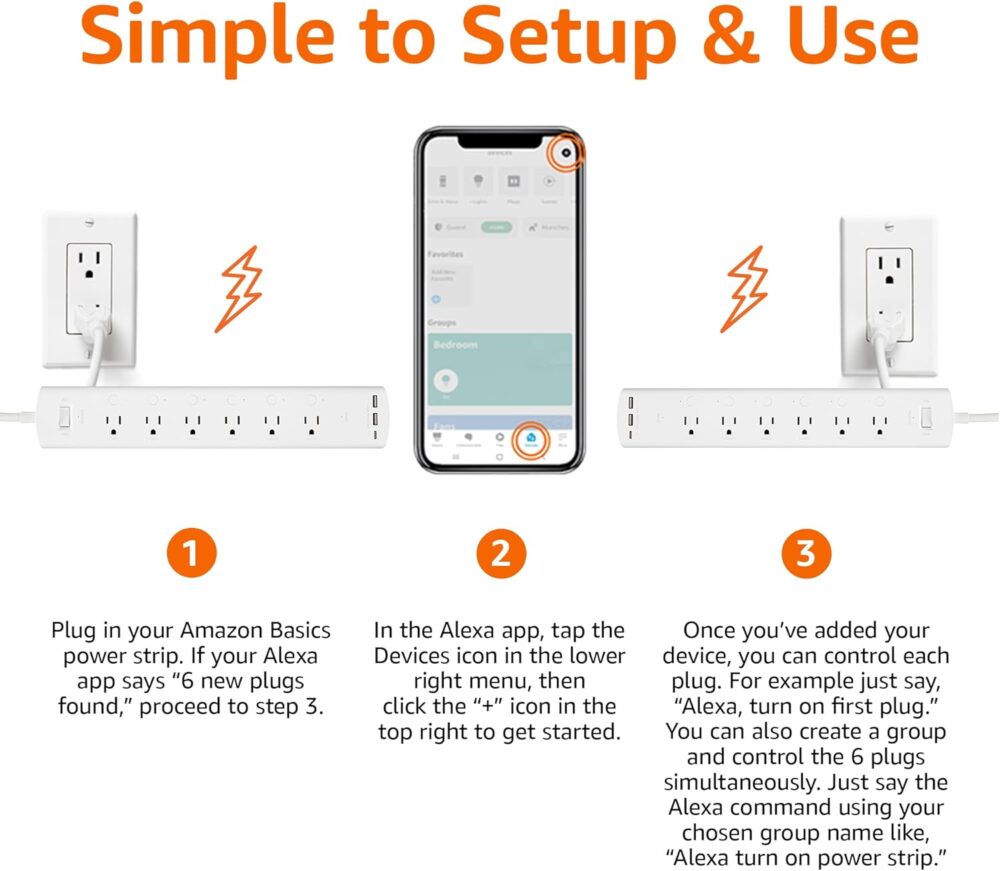 Amazon Basics Smart Plug Power Strip with 6 Individually Controlled Outlets and 3 USB Ports (2 USB-A and 1 USB-C), Works with Alexa Only, 2.4 GHz Wi-Fi, No Hub Required, White - Image 5