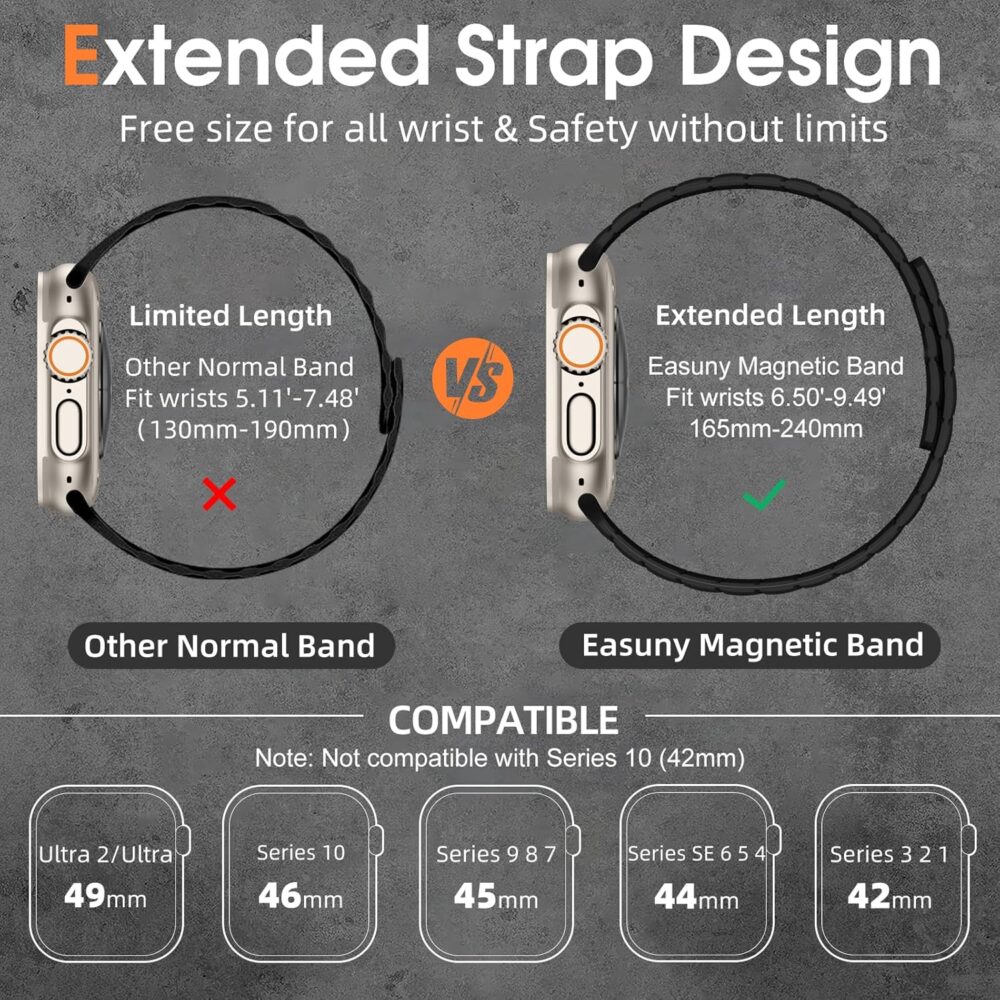 Easuny Sport Magnetic Band Compatible with Apple Watch Ultra 2/Ultra Band for Men 49mm 46mm 45mm 44mm 42mm, Silicone Waterproof Loop Strap for iWatch Series SE 10 9 8 7 6 5 4 3 2 1 - Image 6