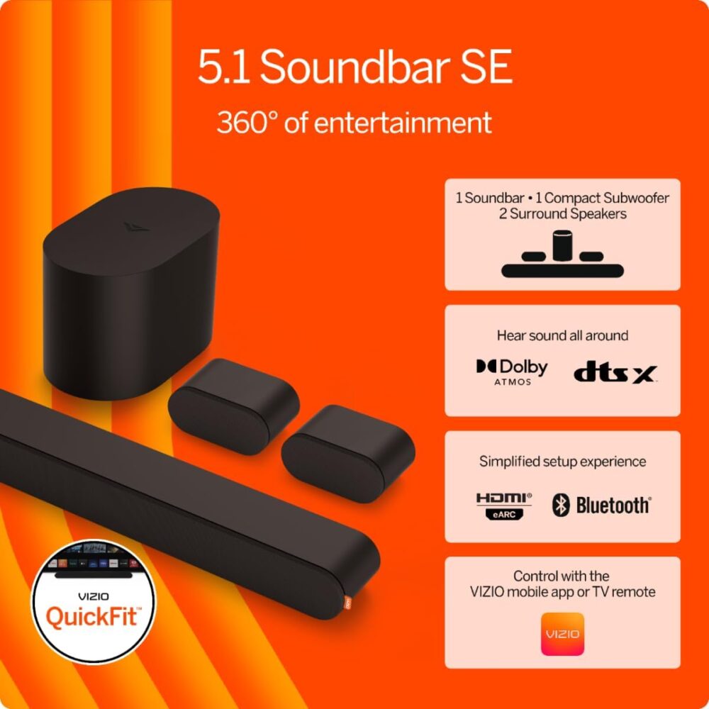 VIZIO 5.1 Soundbar SE, Wireless Subwoofer, Surround Sound w/Dolby Atmos & DTS:X, Bluetooth Speaker, QuickFit™ Compatible – SV510X-08 (New, 2024 Model) - Image 3