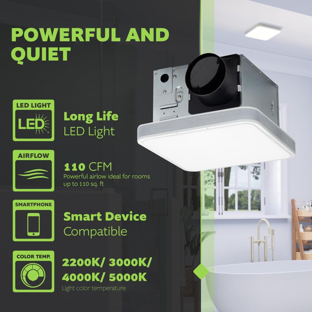Homewerks 7148-01-AX Smart Bathroom Fan with Alexa Voice Assistant Color Changing LED Light and Bluetooth Speakers 110 CFM 1.5 Sones - Image 7