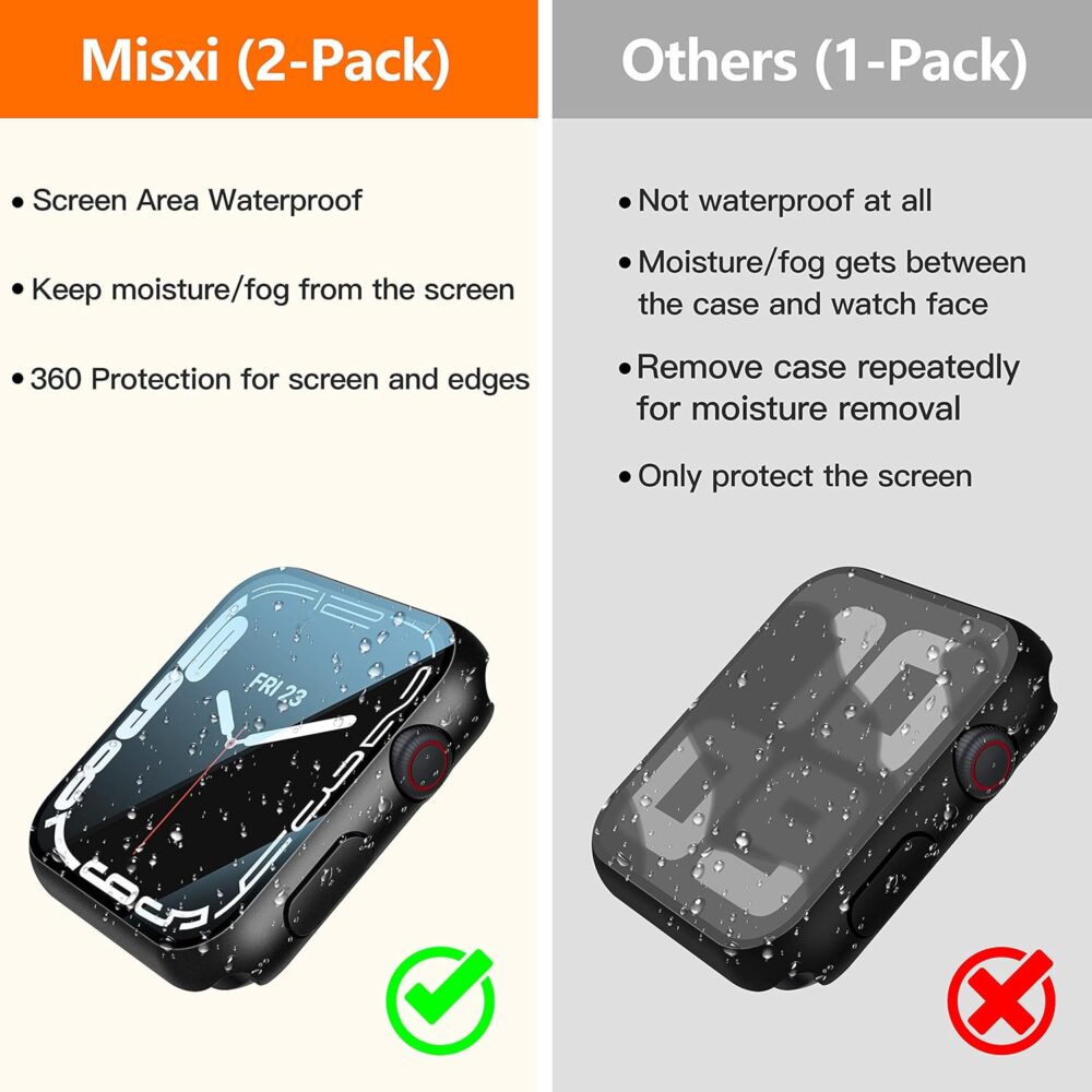 Misxi [2 Pack Waterproof Black Hard Case with Tempered Glass Compatible with Apple Watch Series 9 (2023) Series 8 Series 7 41mm, Ultra-Thin Tough Protective Cover for iWatch Screen Protector - Image 3