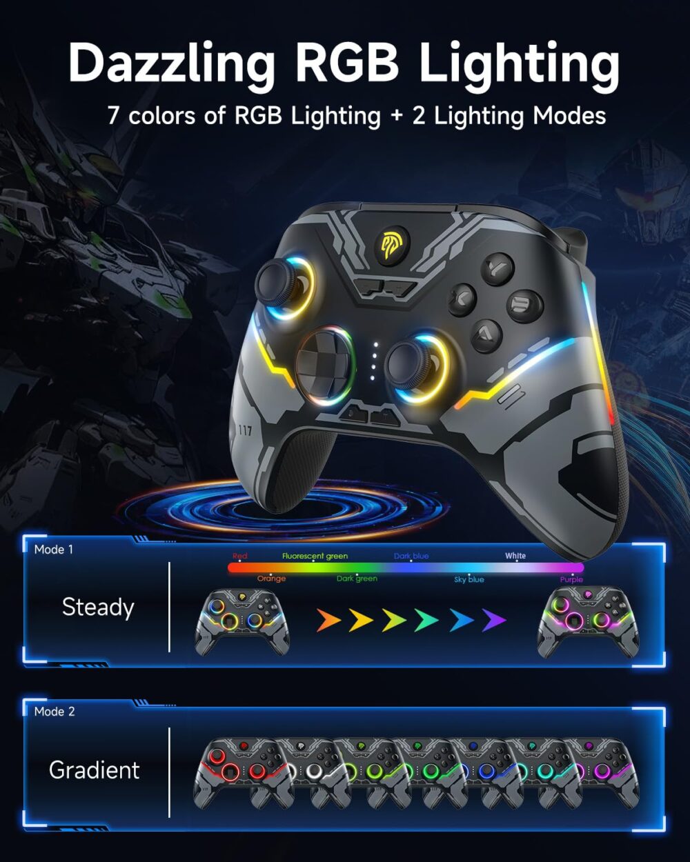 EasySMX X15 PC Controller - Enhanced Wireless Bluetooth Controller with Hall Joysticks/Hall Triggers/RGB Lighting - No Stick Drift, No Dead Zone - Work for Windows PC, Android, Steam and Switch - Image 3