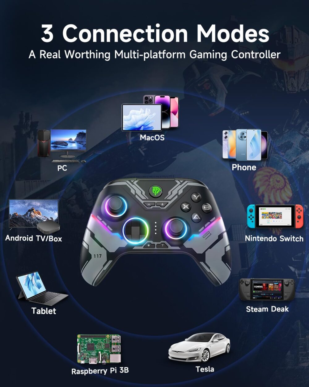 EasySMX X15 PC Controller - Enhanced Wireless Bluetooth Controller with Hall Joysticks/Hall Triggers/RGB Lighting - No Stick Drift, No Dead Zone - Work for Windows PC, Android, Steam and Switch - Image 4