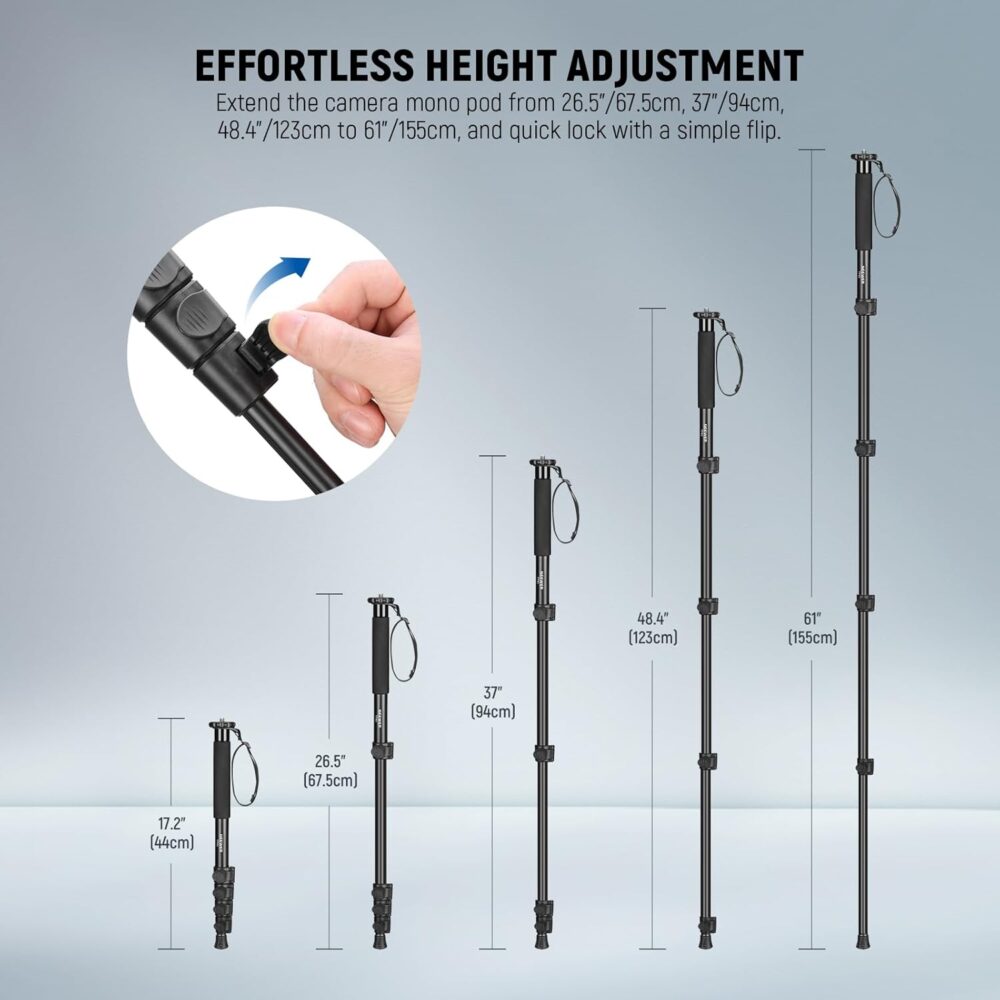 NEEWER 61"/155cm Camera Monopod Stand, Aluminum Alloy Portable Travel Video Monopod Pole with 1/4" 3/8" Screw Adapter for DSLRs Camcorder, Professional Photography Accessories, Max Load 17.6lb, TP41 - Image 4