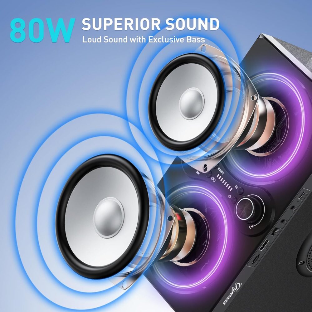 Bluetooth Speakers, 80W(Peak) Wireless TWS Portable Bluetooth Speaker, Beat-Driven Lights, 100dB Loud Stereo Speaker with BassUp, Speakers with Subwoofer for Outdoor, Party, Camping - Image 3