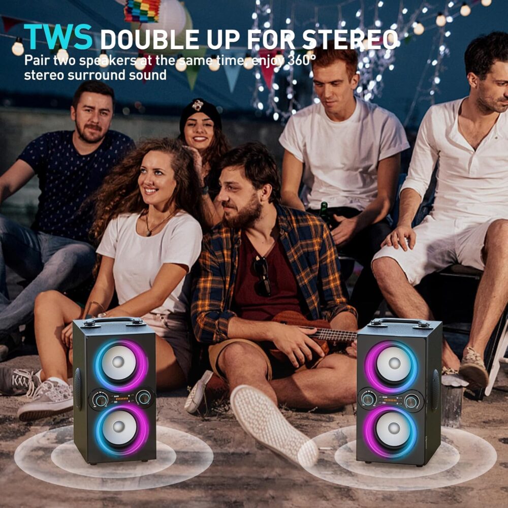 Bluetooth Speakers, 80W(Peak) Wireless TWS Portable Bluetooth Speaker, Beat-Driven Lights, 100dB Loud Stereo Speaker with BassUp, Speakers with Subwoofer for Outdoor, Party, Camping - Image 4