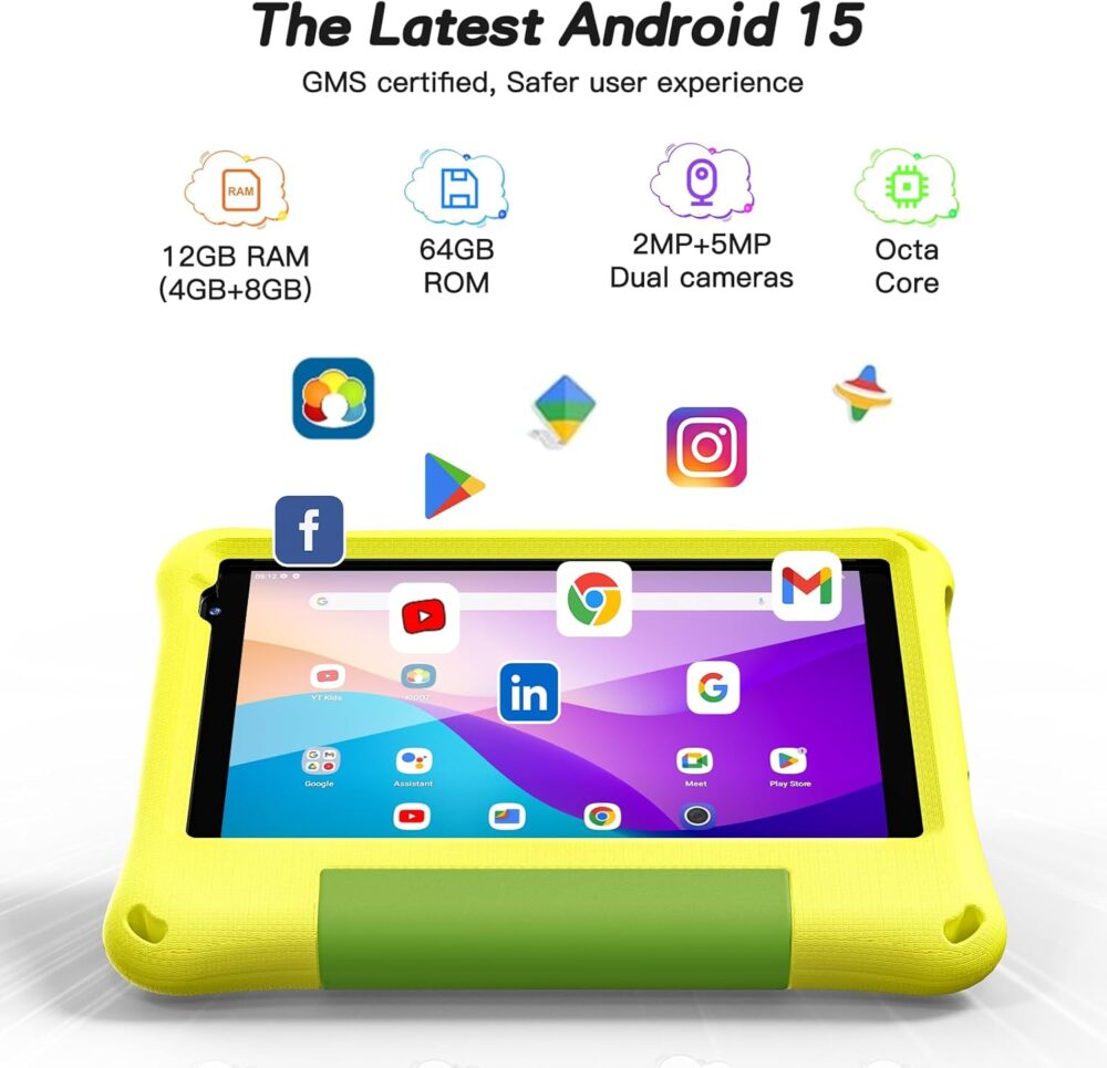 Kids Tablet 8 Inch Android 15, Octa-Core 12GB RAM + 64GB ROM, Toddler Tablet with WiFi 6, Parental Control, Pre-Installed Kids Space, EVA Case, Anti-Glare Screen Protector, Adjustable Strap, Yellow - Image 3
