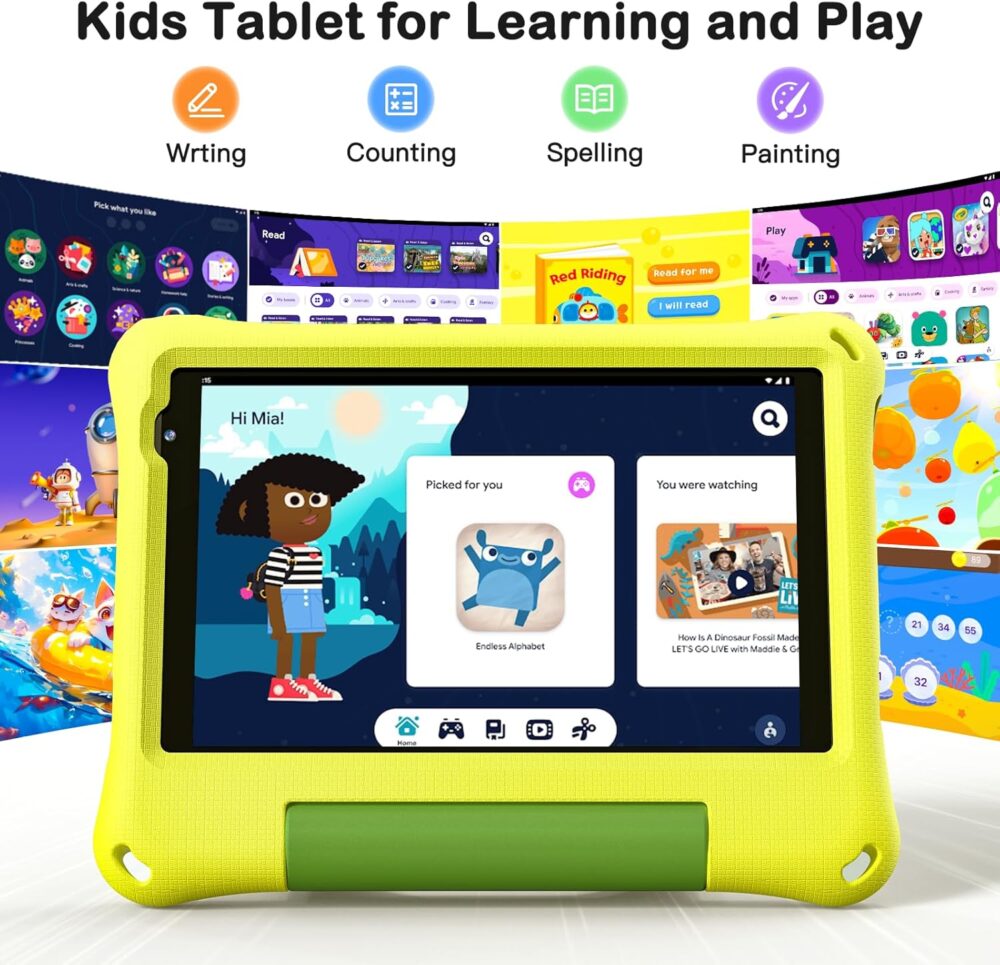 Kids Tablet 8 Inch Android 15, Octa-Core 12GB RAM + 64GB ROM, Toddler Tablet with WiFi 6, Parental Control, Pre-Installed Kids Space, EVA Case, Anti-Glare Screen Protector, Adjustable Strap, Yellow - Image 4