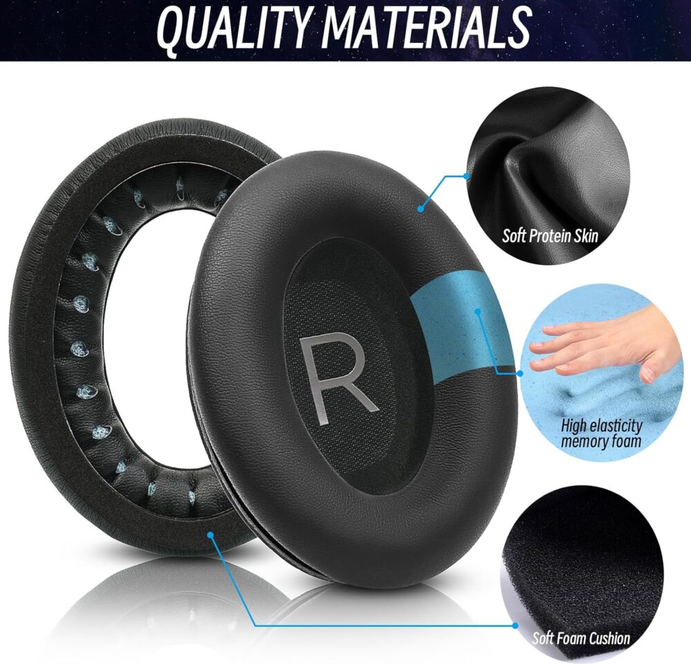 Replacement Ear Pads for Bose QuietComfort 45 (QC45) / QuietComfort SE (QC SE) / Quiet Comfort Wireless Over-Ear Headphones, Softer Protein Leather Earpads Cushions Kit (Black) - Image 3