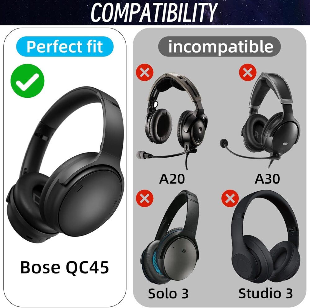 Replacement Ear Pads for Bose QuietComfort 45 (QC45) / QuietComfort SE (QC SE) / Quiet Comfort Wireless Over-Ear Headphones, Softer Protein Leather Earpads Cushions Kit (Black) - Image 5