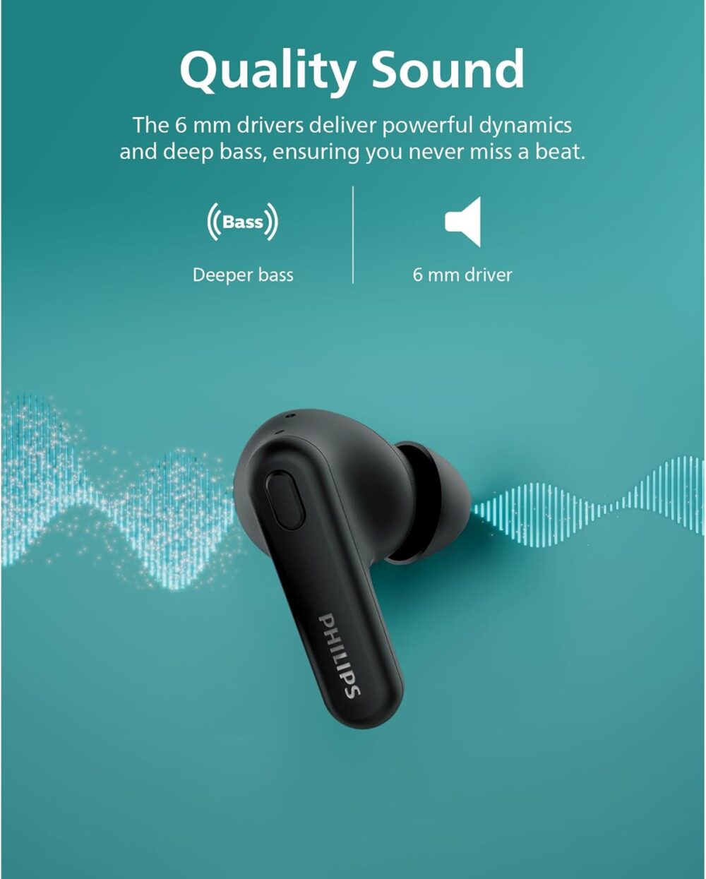 PHILIPS TAT1108 Wireless Earbuds,True Wireless Headphones,Powerful Bass with 6 mm Driver,Clear Call with AI Mic,15-Hour Battery Life,Bluetooth v5.3,IPX4 Rating,Ergonomic Design for Comfort,Black - Image 3
