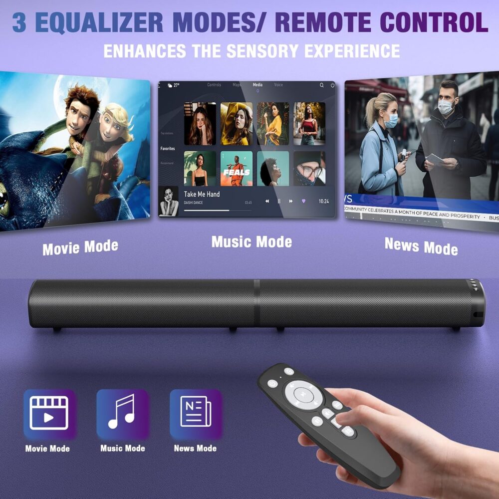 Sound Bar, 100W Sound Bar for Smart TV, Bluetooth 5.3 Soundbar, 2 in 1 Detachable Home Speaker Bass Effect, Home Theater Surround Sound, ARC/Optical/AUX/USB Connections, for TV/PC/Projectors - Image 5
