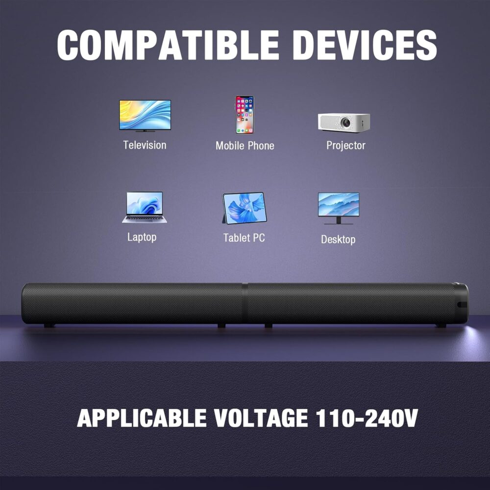 Sound Bar, 100W Sound Bar for Smart TV, Bluetooth 5.3 Soundbar, 2 in 1 Detachable Home Speaker Bass Effect, Home Theater Surround Sound, ARC/Optical/AUX/USB Connections, for TV/PC/Projectors - Image 6