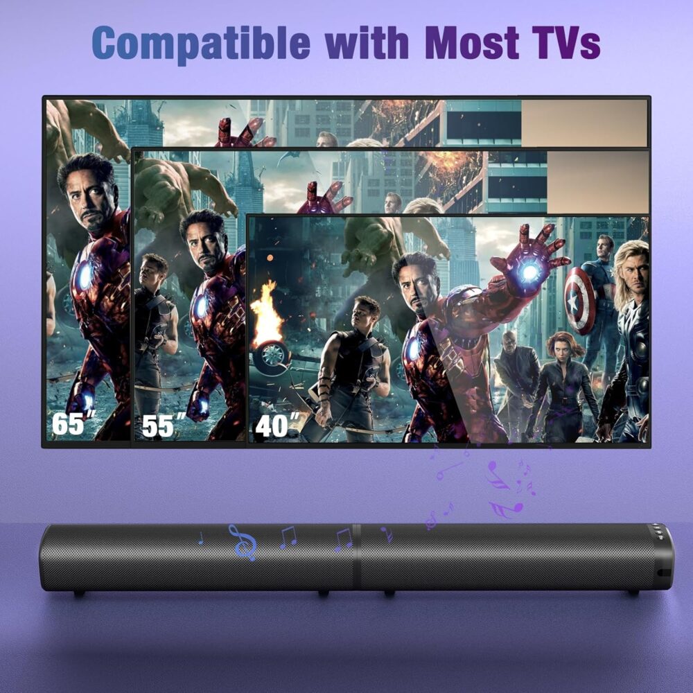 Sound Bar, 100W Sound Bar for Smart TV, Bluetooth 5.3 Soundbar, 2 in 1 Detachable Home Speaker Bass Effect, Home Theater Surround Sound, ARC/Optical/AUX/USB Connections, for TV/PC/Projectors - Image 7