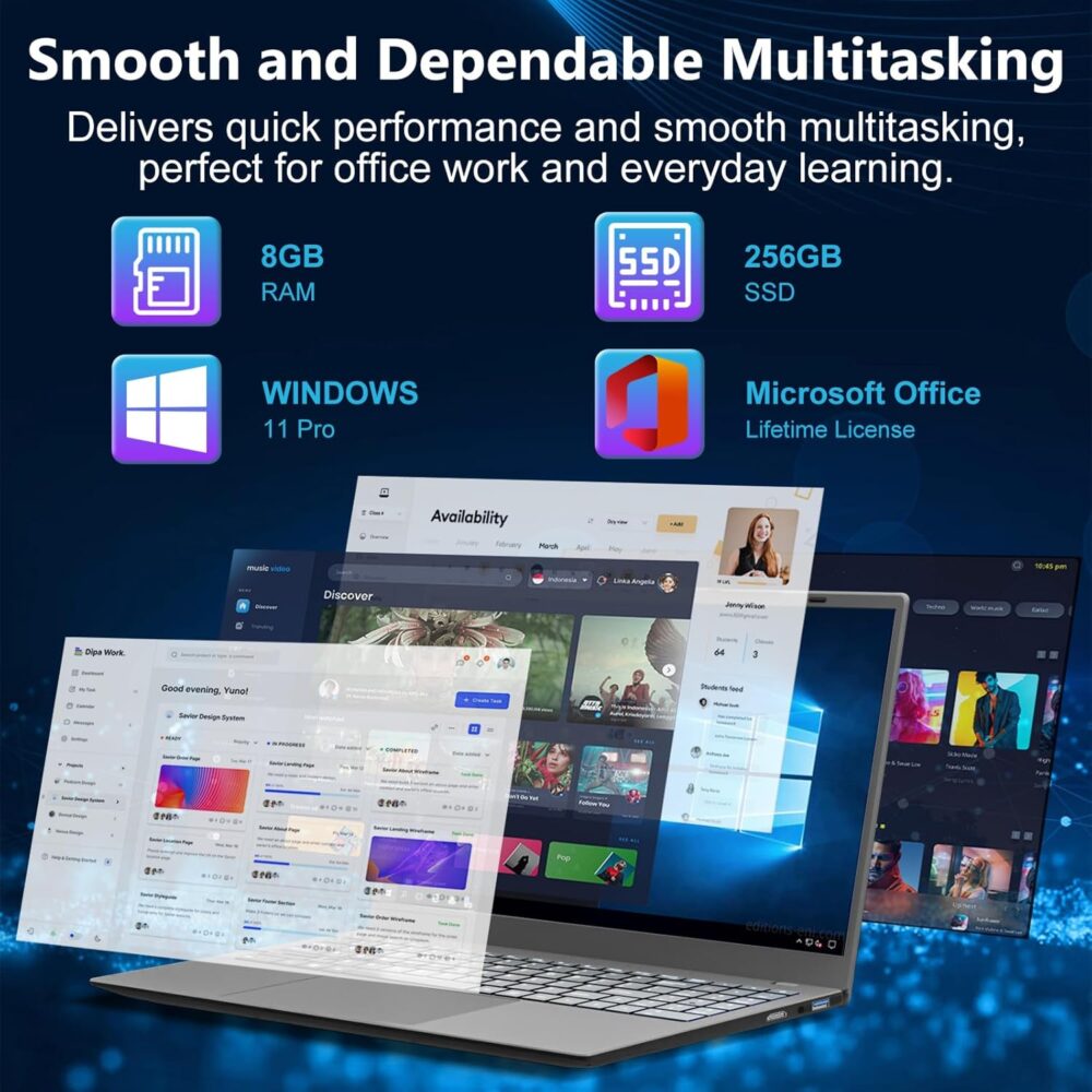 2025 Laptop Computer 15 15.6 Inch FHD 1080p, Windows 11 Pro, 8GB RAM, 256GB SSD, Dual-Core Intel Celeron(Up to 2.6GHz), Bluetooth, Numeric Keypad, Free MS Office for School College Students Business - Image 5