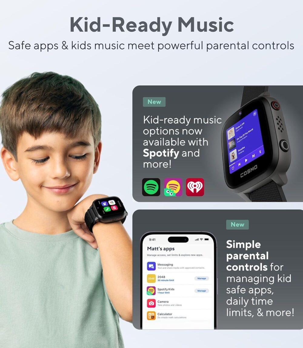 JrTrack 4 Kids Smart Watch by Cosmo | Phone Watch & GPS Tracker | Enhanced Parental Controls | Call, Text, Activity, School Lock | Spotify Music | SIM Card Included | SOS & Safety Alerts | (Black) - Image 5