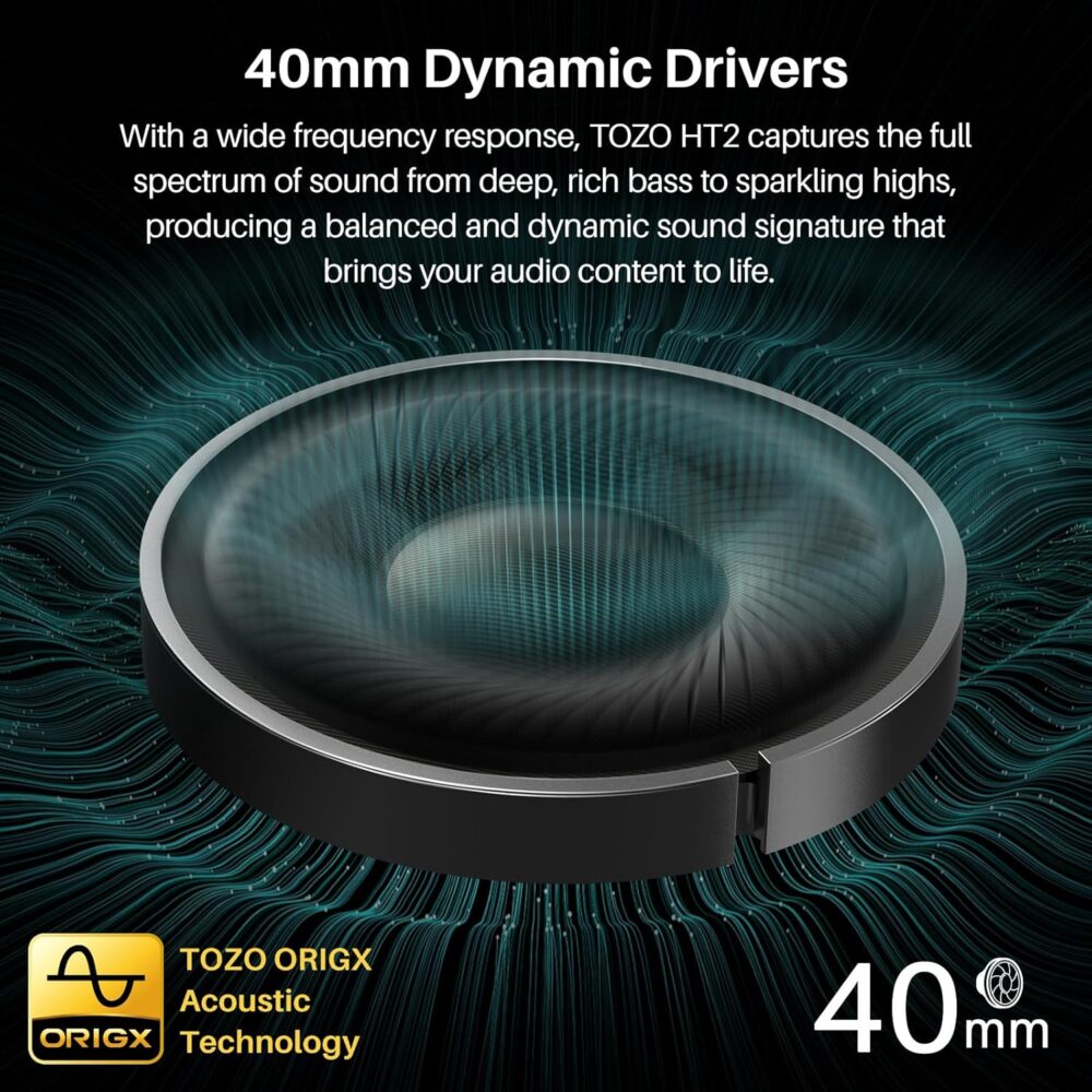 TOZO HT2 Hybrid Active Noise Cancelling Headphones, Wireless Over Ear Bluetooth Headset, 60H Playtime, Hi-Res Audio Custom EQ via App Deep Bass Comfort Fit Ear Cups, for Home Office Travel Black - Image 5
