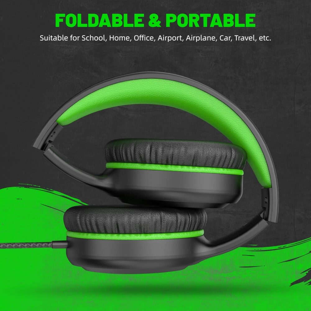 Green Wired Headphones for Boys Portable On Ear Youth Headphones for School Airplane Travel Lightweight Portable Compatible with Pad Computer Laptop for Adults Student Children Girls Kids - Image 6