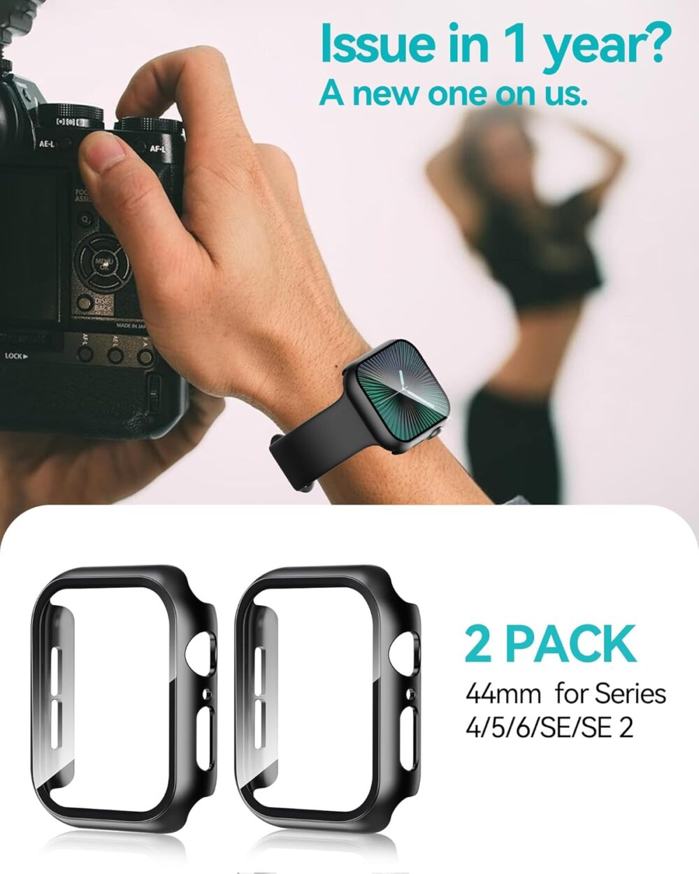 Smiling 2 Pack Case Built in Tempered Glass Screen Protector Compatible with Apple Watch SE 2/SE/Series 6/Series 5/Series 4 44mm, Hard PC Case Overall Protective Cover- Black - Image 7