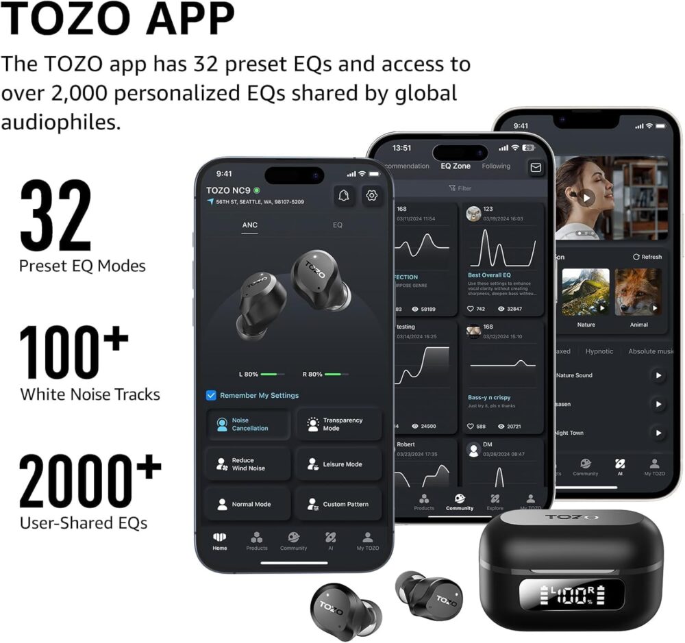 TOZO Hybrid Active Noise Cancelling Wireless Earbuds, 6 Mics ENC Clear Call, IPX8 Waterproof, in Ear Bluetooth 5.3 Headphones Stereo Bass Ear Buds 59H Playtime with LED Display 32 EQs via APP - Image 3