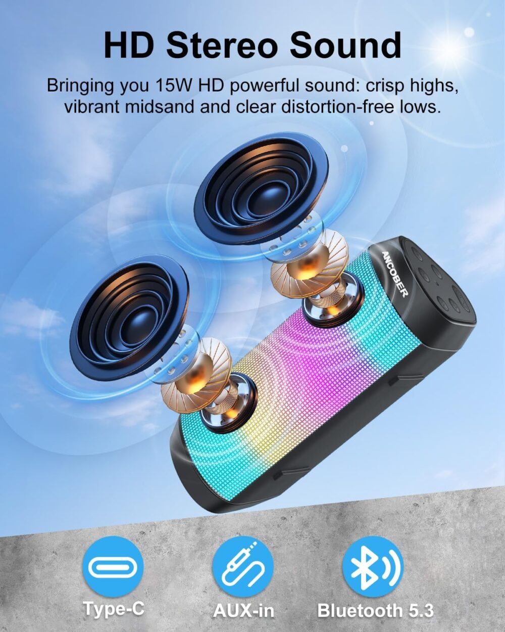 Bluetooth Speaker, Portable Wireless, 15W Stereo Sound, IPX4 Waterproof, with Cool Lights, TWS Pairing, BT5.3/AUX IN, for Outdoor/Indoor/Party/BBQ/Shower, Electronics Gadget, Holiday Birthday Gifts - Image 3
