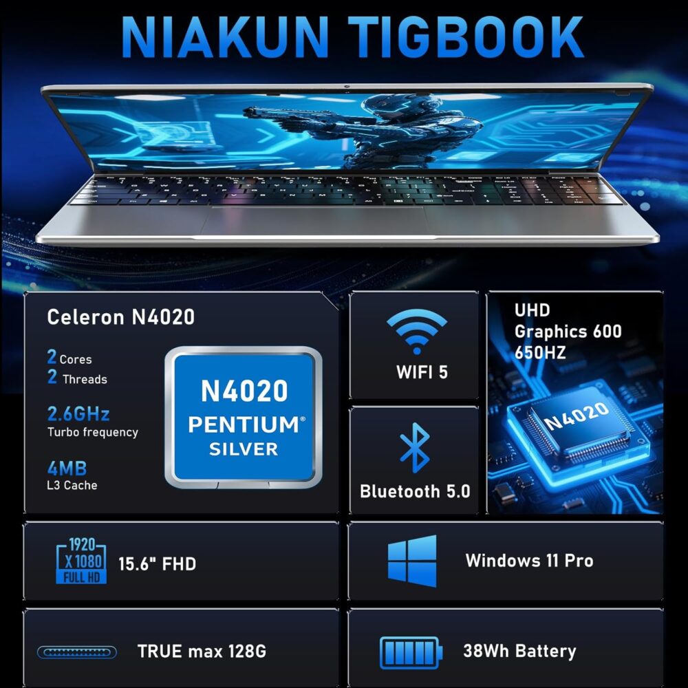 15.6'' Laptop Computer, N4020 Processor Laptops with 8GB RAM, 256GB SSD,15.6 inch FHD 1920 * 1080 Display, WIFI5, BT5.0, Windows 11 Pro - Image 3