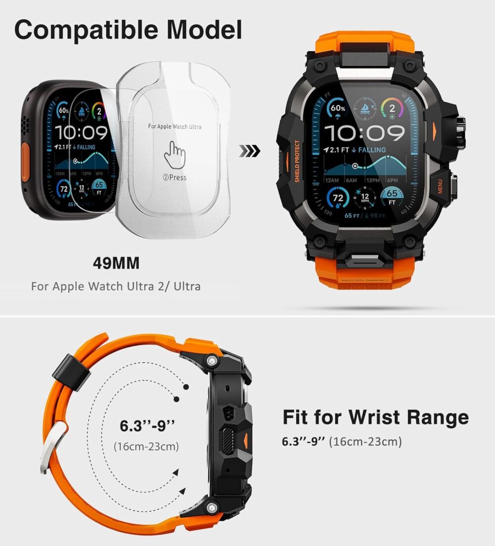 ULTIMAL Rugged Case with Band for Apple Watch 49mm,Compatible with Apple Watch Ultra/Ultra 2, Military Grade Shockproof Bumper Cover for iWatch Tactical Band Men (49mm,Orange) - Image 3