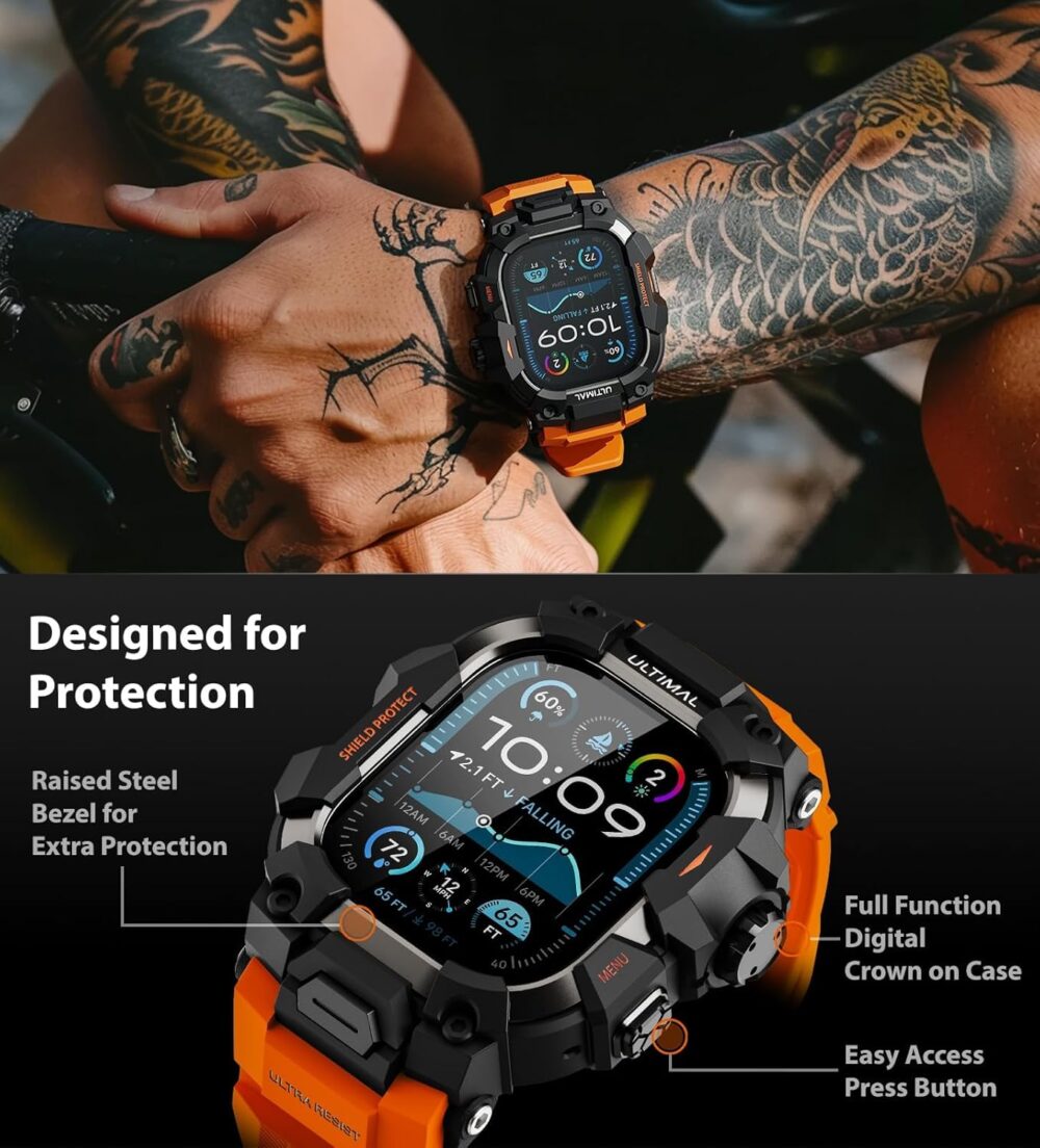 ULTIMAL Rugged Case with Band for Apple Watch 49mm,Compatible with Apple Watch Ultra/Ultra 2, Military Grade Shockproof Bumper Cover for iWatch Tactical Band Men (49mm,Orange) - Image 4
