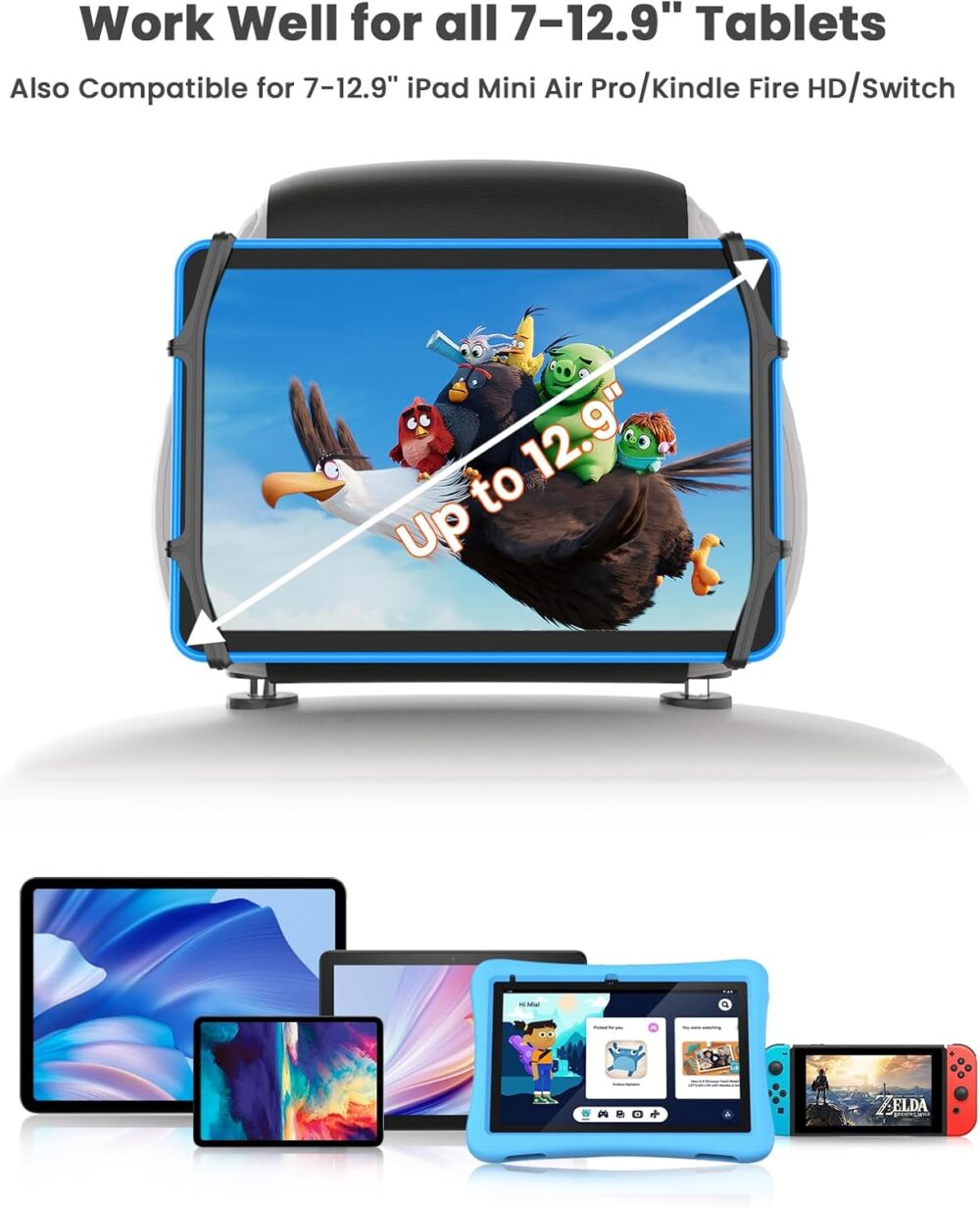 WONNIE Tablet Holder for Car, Upgraded iPad Holder for Car Mount Headrest, iPad Mount Back Seat for Kids with Anti-Slip Strap, Silicone Holding Net/Fits All 7-12.9'' Tablets - Image 4