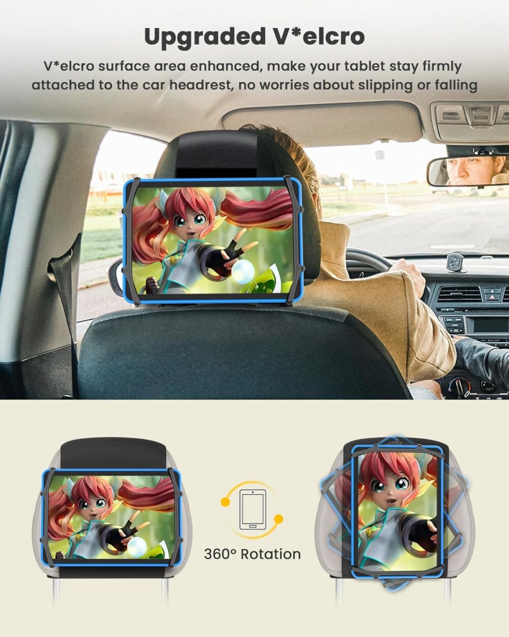 WONNIE Tablet Holder for Car, Upgraded iPad Holder for Car Mount Headrest, iPad Mount Back Seat for Kids with Anti-Slip Strap, Silicone Holding Net/Fits All 7-12.9'' Tablets - Image 7