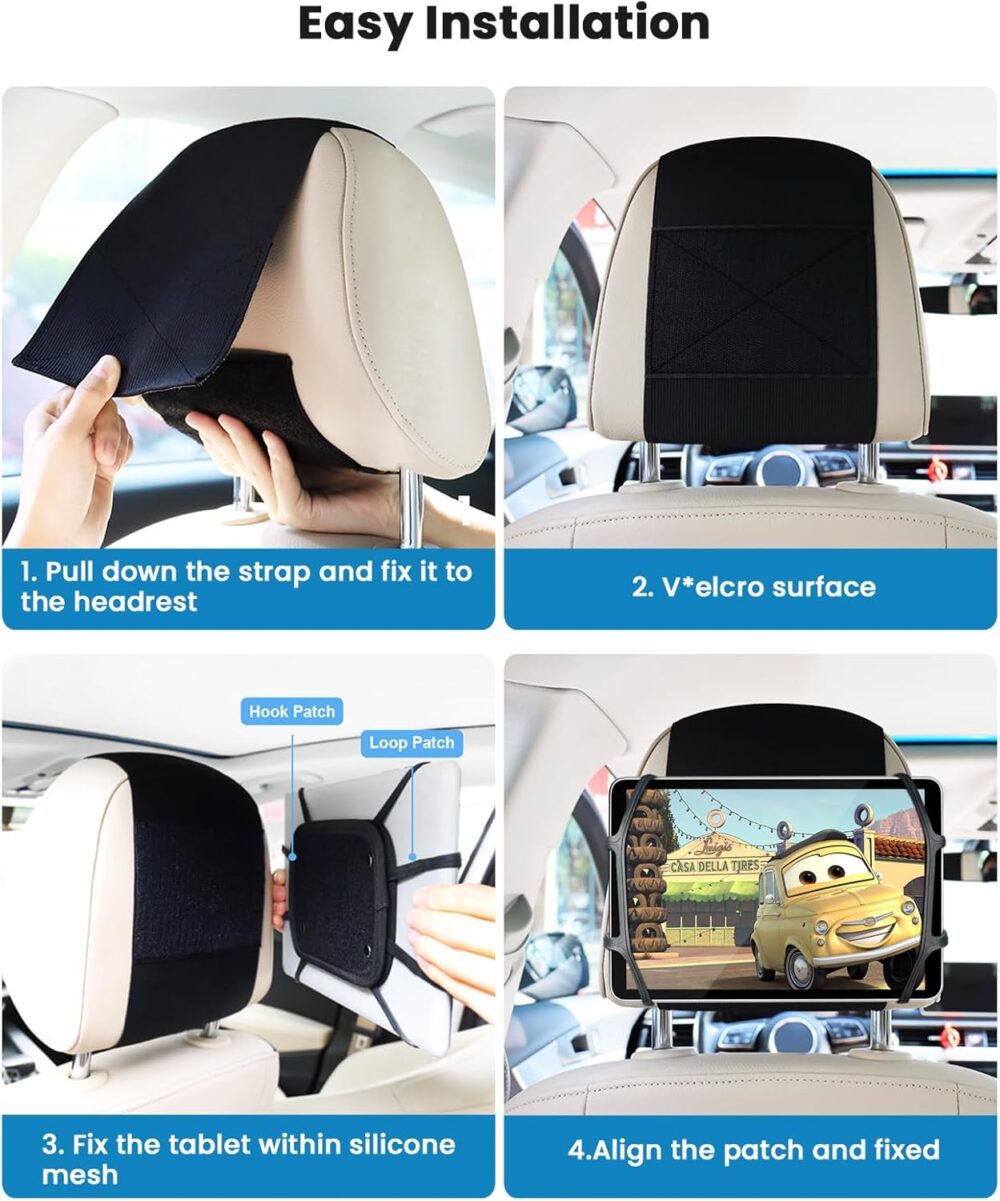 WONNIE Tablet Holder for Car, Upgraded iPad Holder for Car Mount Headrest, iPad Mount Back Seat for Kids with Anti-Slip Strap, Silicone Holding Net/Fits All 7-12.9'' Tablets - Image 9