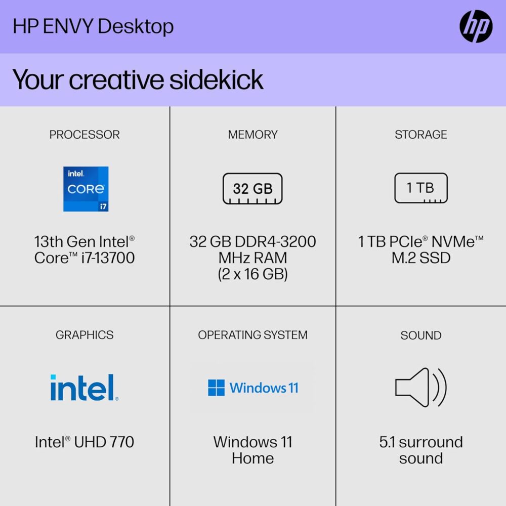 HP Envy Desktop PC, 13th Generation Intel Core i7-13700, 32 GB RAM, 1 TB SSD, Intel UHD Graphics 770, Windows 11 Home, TE01-4020 (2023) - Image 3