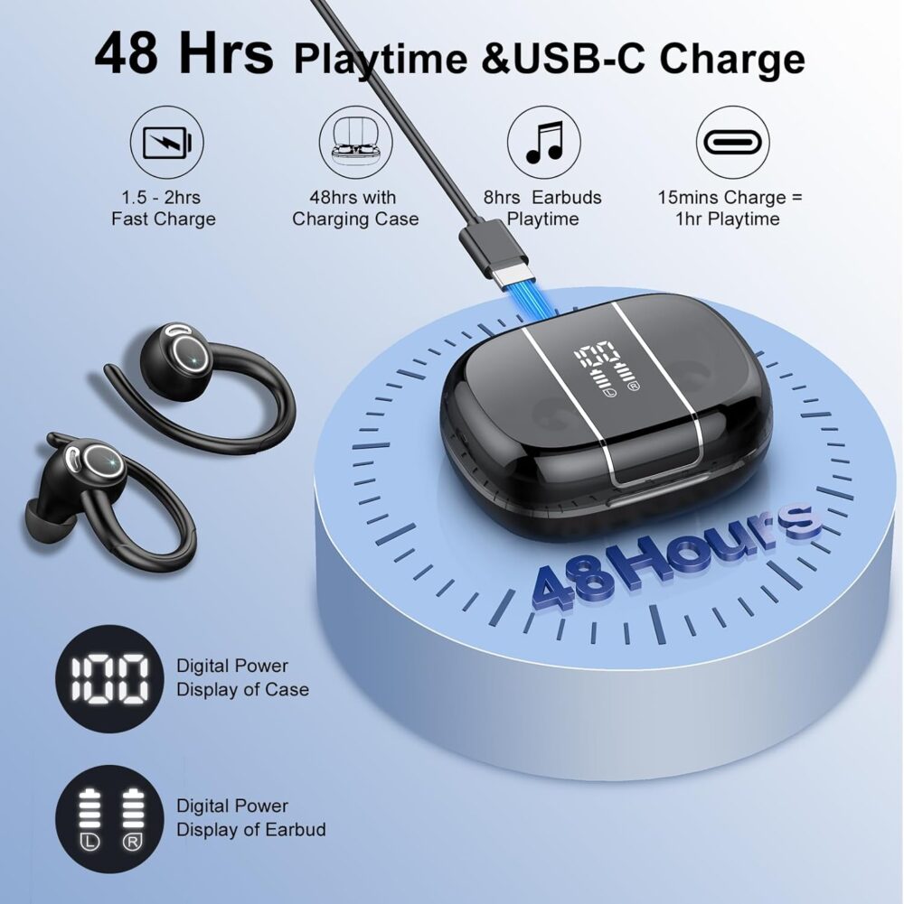 Headphones Wireless Earbuds Sport, Bluetooth 5.3 Over Ear Buds Stereo Deep Bass Headset with Earhooks, 48H Wireless Earphones with HD Mic, IP7 Waterproof Earbud for Sports/Running/Workout - Image 6