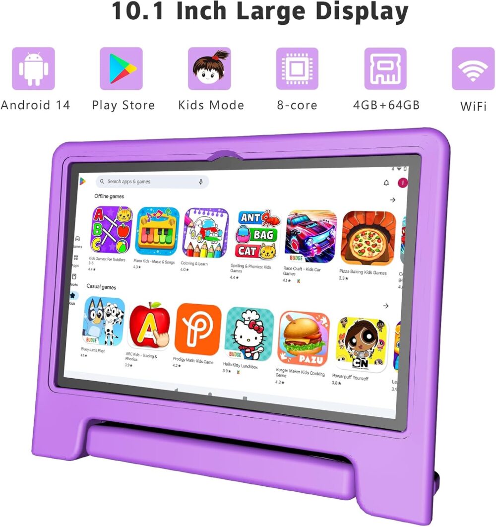 Kids Tablet, 10.1 Inch Tablet for Kids Android 14, 64GB Octa-Core, WiFi, Big Battery, Kids Space, Parental Control 1280 * 800 HD Display Children Tablets Purple - Image 3