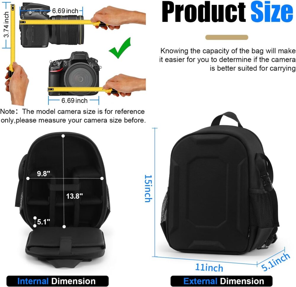 YaKuss Hard Shell Camera Backpack, Shockproof Camera Bag Case with Tripod Strap, for 14" Laptop, Camera Backpacks for Photographers,for Canon Nikon Sony SLR DSLR Mirrorless Camera, Lenses, M, Black - Image 9