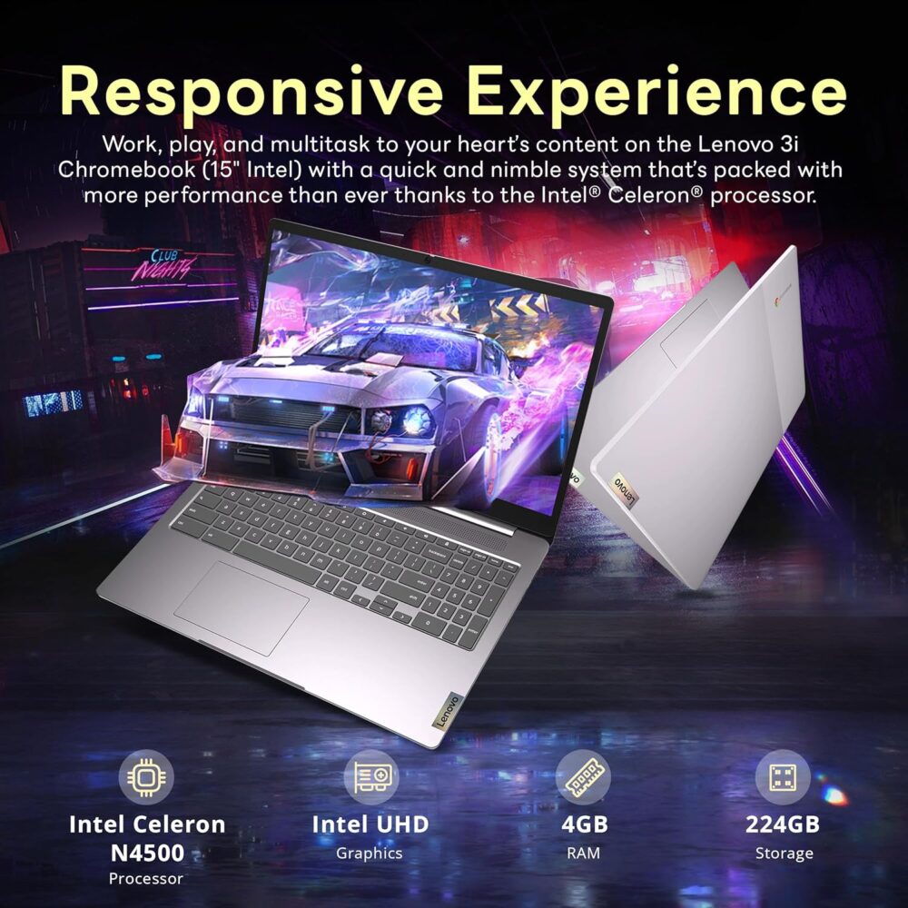 Lenovo Ideapad 3 15.6" FHD Chromebook, Intel Celeron N4500, 4GB RAM, 224GB Storage (64GB SSD+160GB Docking Station Set), ‎Intel UHD Graphics, Full Size Keyboard, Chrome OS, Artic Gray - Image 4