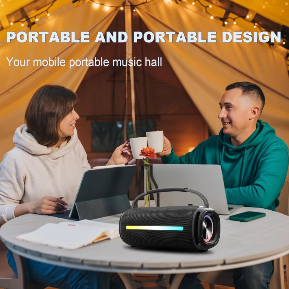 Portable Bluetooth Speaker, Outdoor Waterproof Wireless Speaker with Colorful Flashing Lights, 20W Super Bass, TWS Pairing Suitable for Outdoor, Party, Home, Beach, Travel (Black) - Image 5
