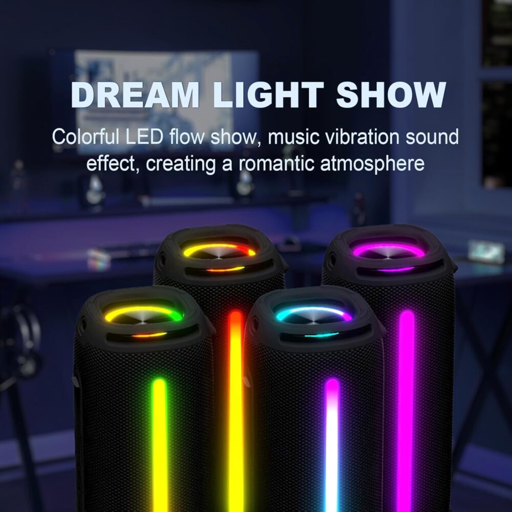 Portable Bluetooth Speaker, Outdoor Waterproof Wireless Speaker with Colorful Flashing Lights, 20W Super Bass, TWS Pairing Suitable for Outdoor, Party, Home, Beach, Travel (Black) - Image 6